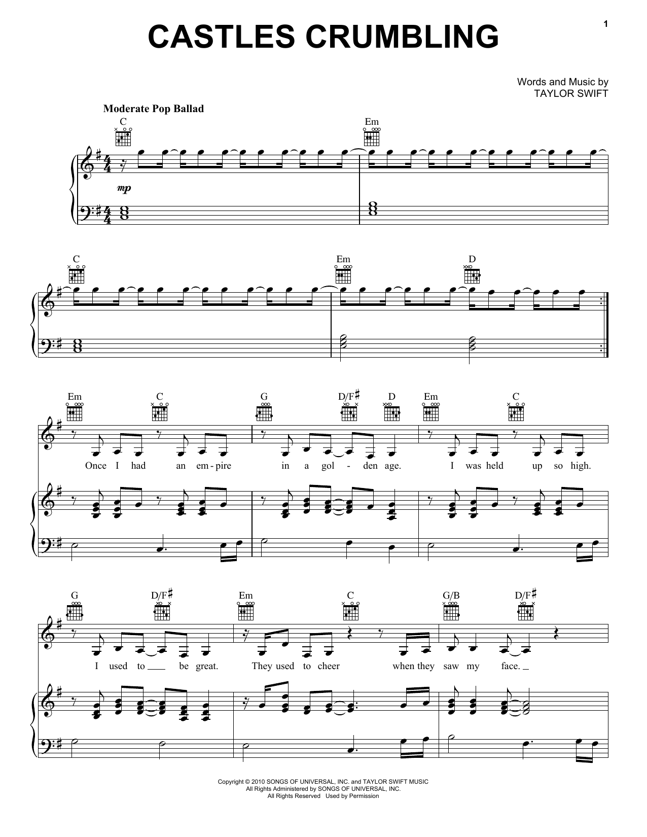 Taylor Swift Castles Crumbling (feat. Hayley Williams) (Taylor's Version) (From The Vault) sheet music notes and chords arranged for Piano, Vocal & Guitar Chords (Right-Hand Melody)