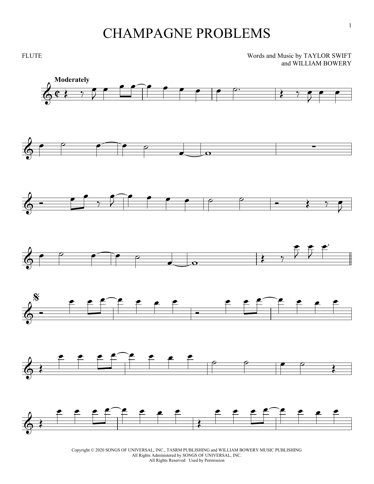 Taylor Swift champagne problems sheet music notes and chords arranged for Flute Solo