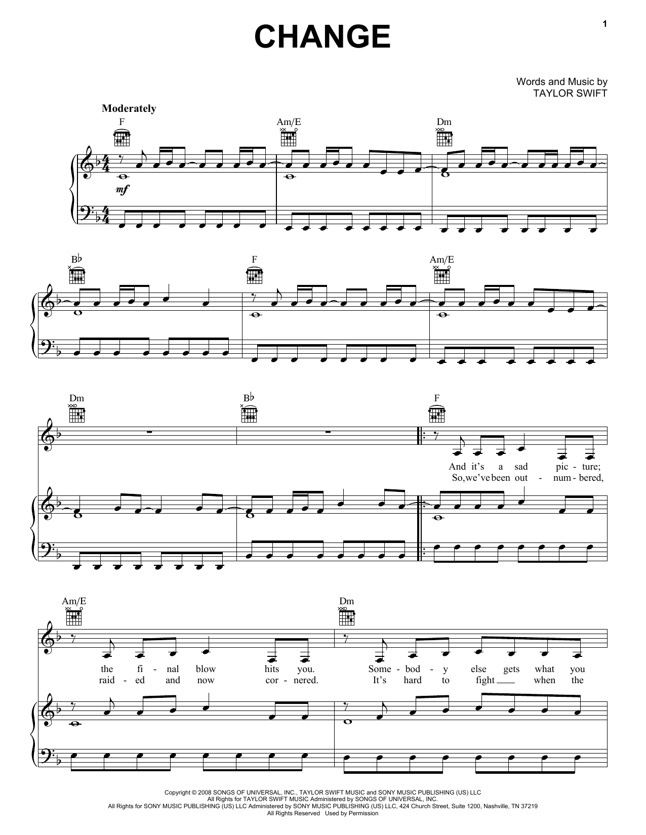 Taylor Swift Change sheet music notes and chords arranged for Beginner Piano