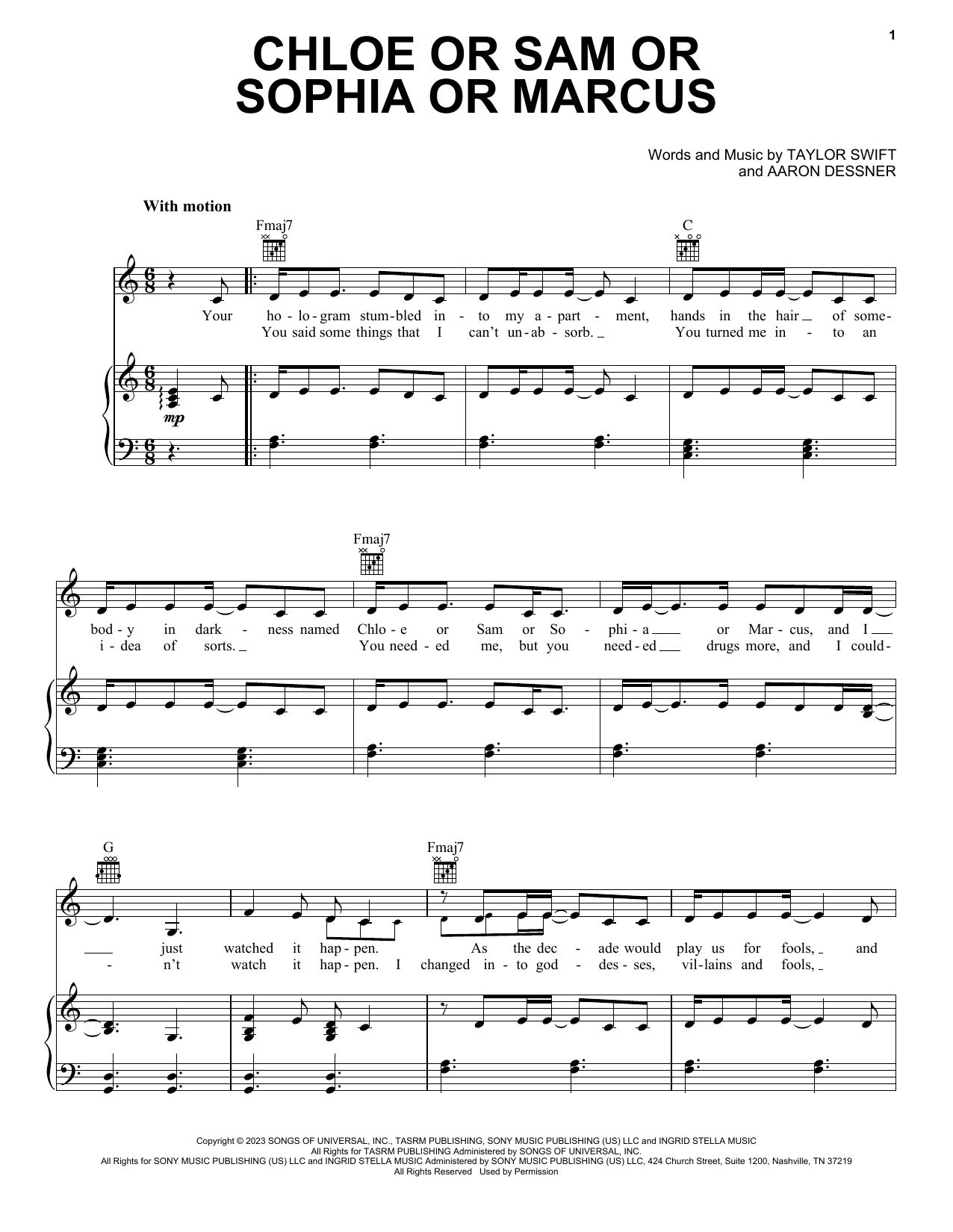 Taylor Swift Chloe or Sam or Sophia or Marcus sheet music notes and chords arranged for Easy Piano