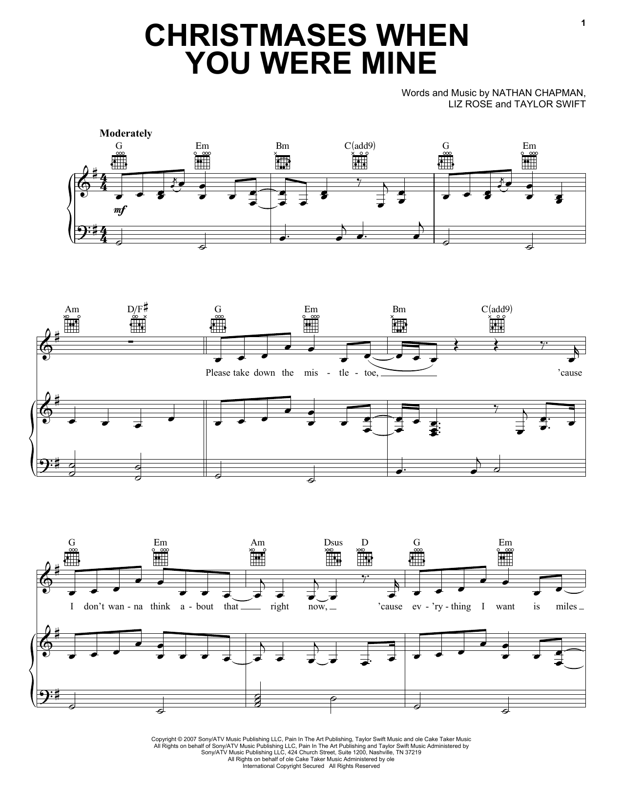Taylor Swift Christmases When You Were Mine sheet music notes and chords arranged for Piano, Vocal & Guitar Chords (Right-Hand Melody)