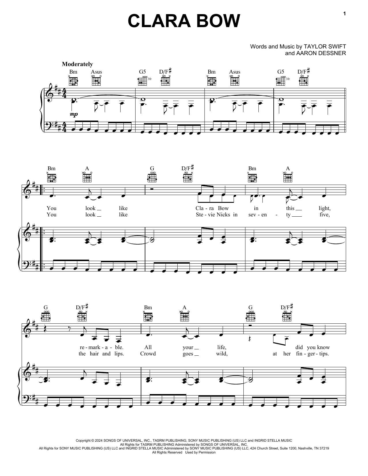Taylor Swift Clara Bow sheet music notes and chords arranged for Guitar Chords/Lyrics