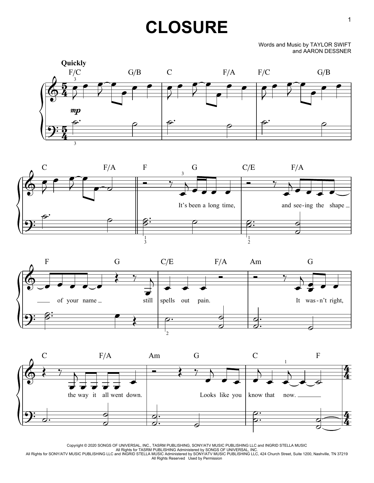 Taylor Swift closure sheet music notes and chords arranged for Easy Piano