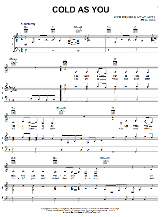 Taylor Swift Cold As You sheet music notes and chords arranged for Guitar Tab