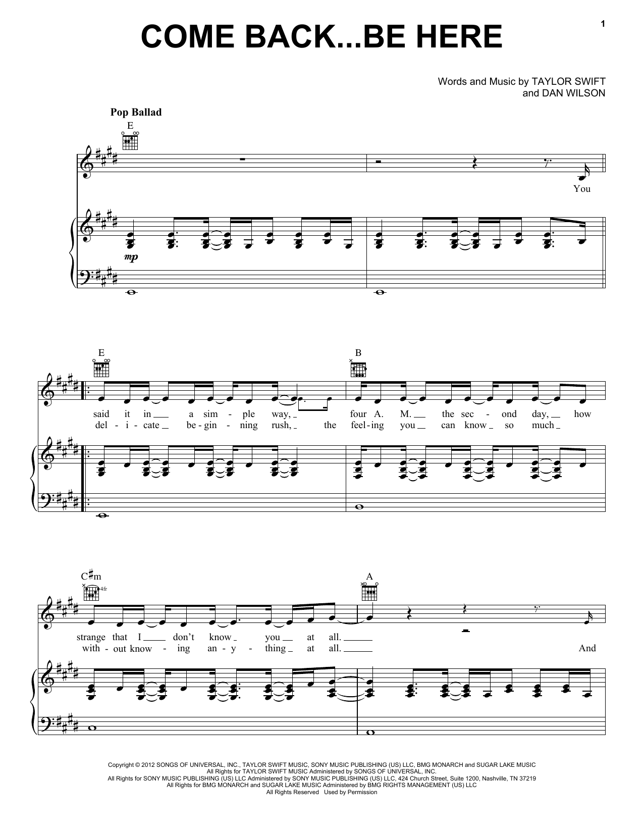 Taylor Swift Come Back...Be Here (Taylor's Version) sheet music notes and chords arranged for Piano, Vocal & Guitar Chords (Right-Hand Melody)