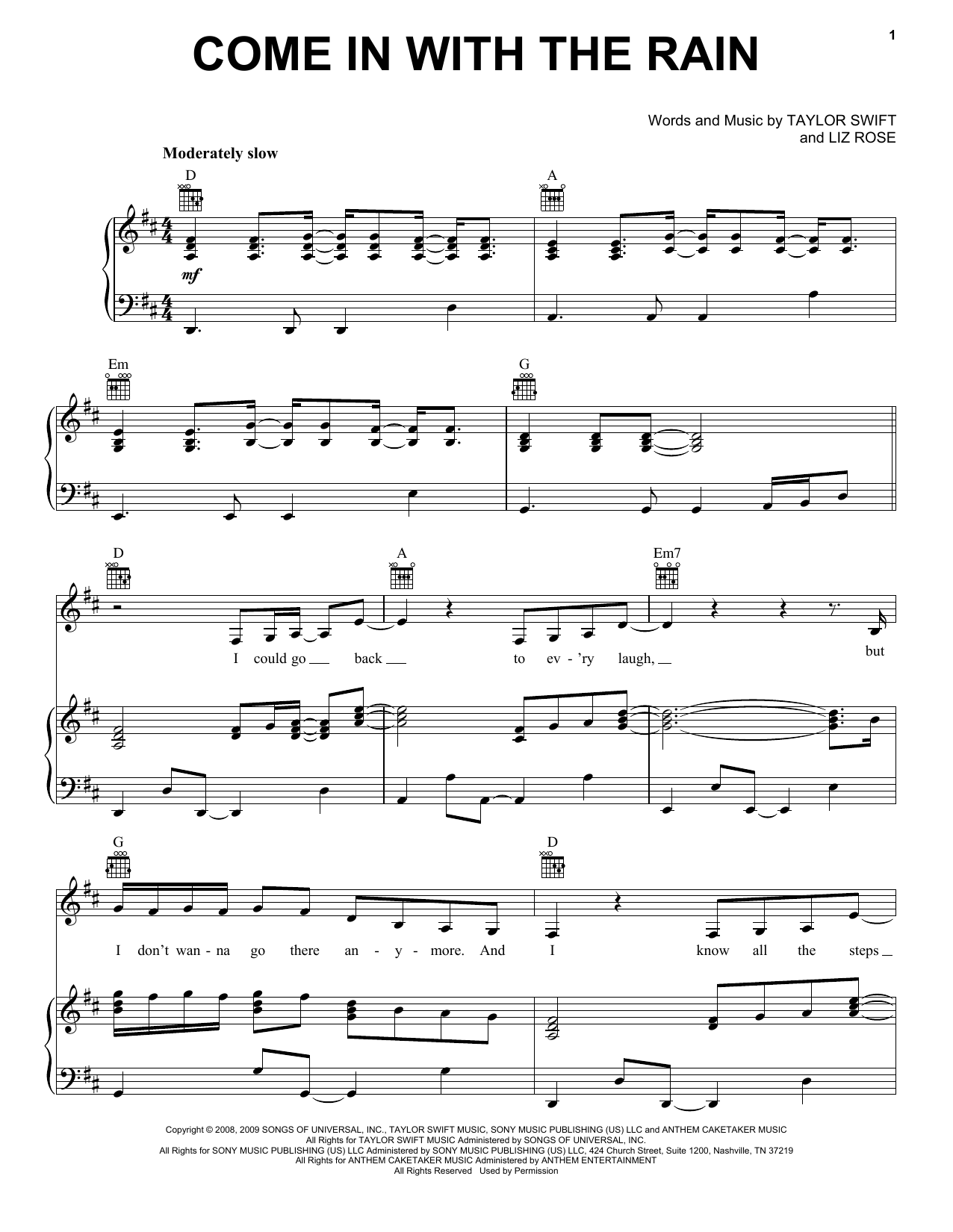 Taylor Swift Come In With The Rain sheet music notes and chords arranged for Piano, Vocal & Guitar Chords (Right-Hand Melody)