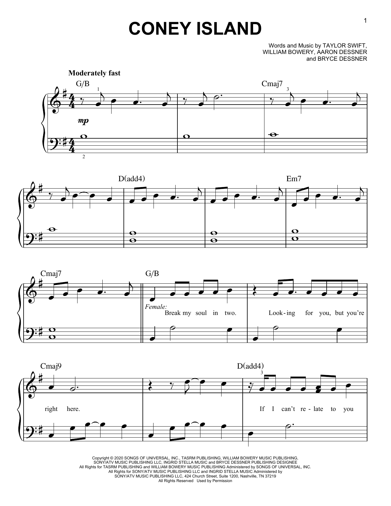 Taylor Swift coney island (feat. The National) sheet music notes and chords arranged for Easy Piano