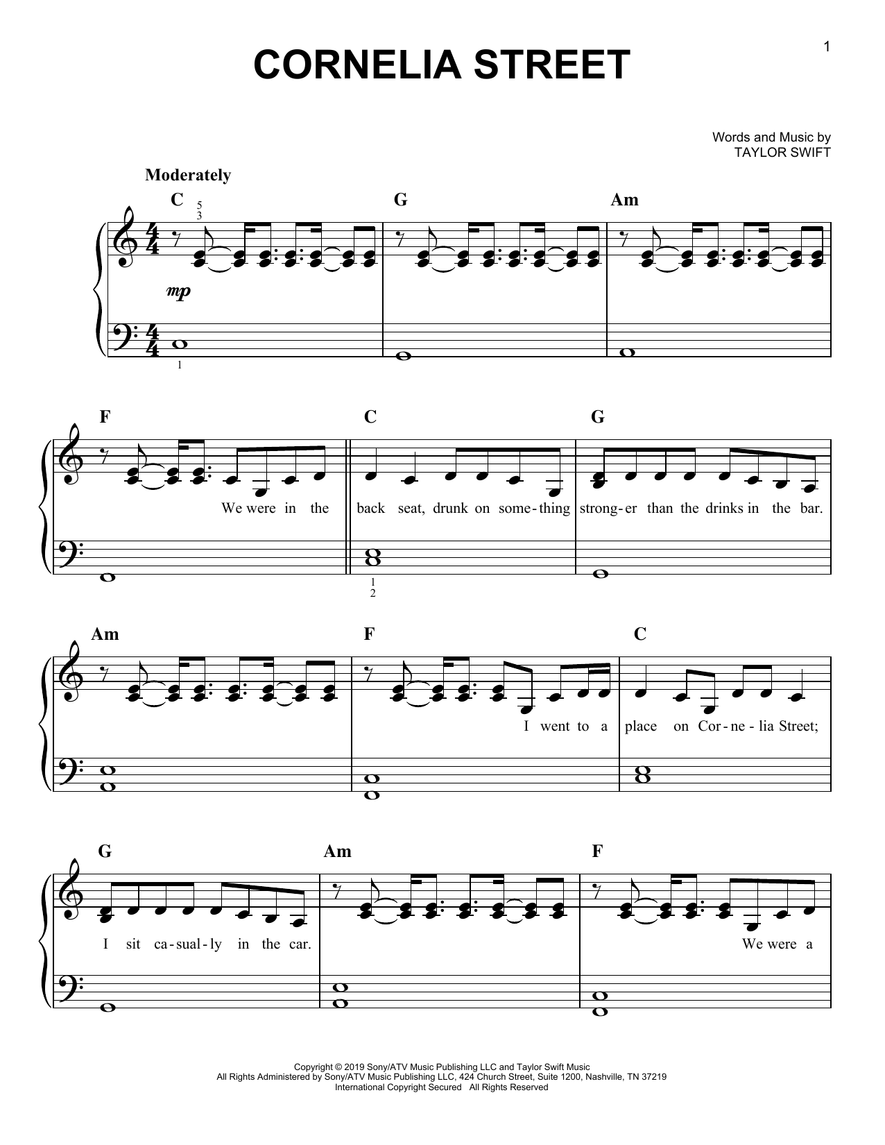 Taylor Swift Cornelia Street sheet music notes and chords arranged for Easy Piano