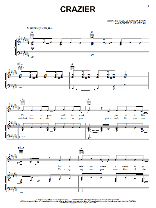 Taylor Swift Crazier sheet music notes and chords arranged for Easy Piano