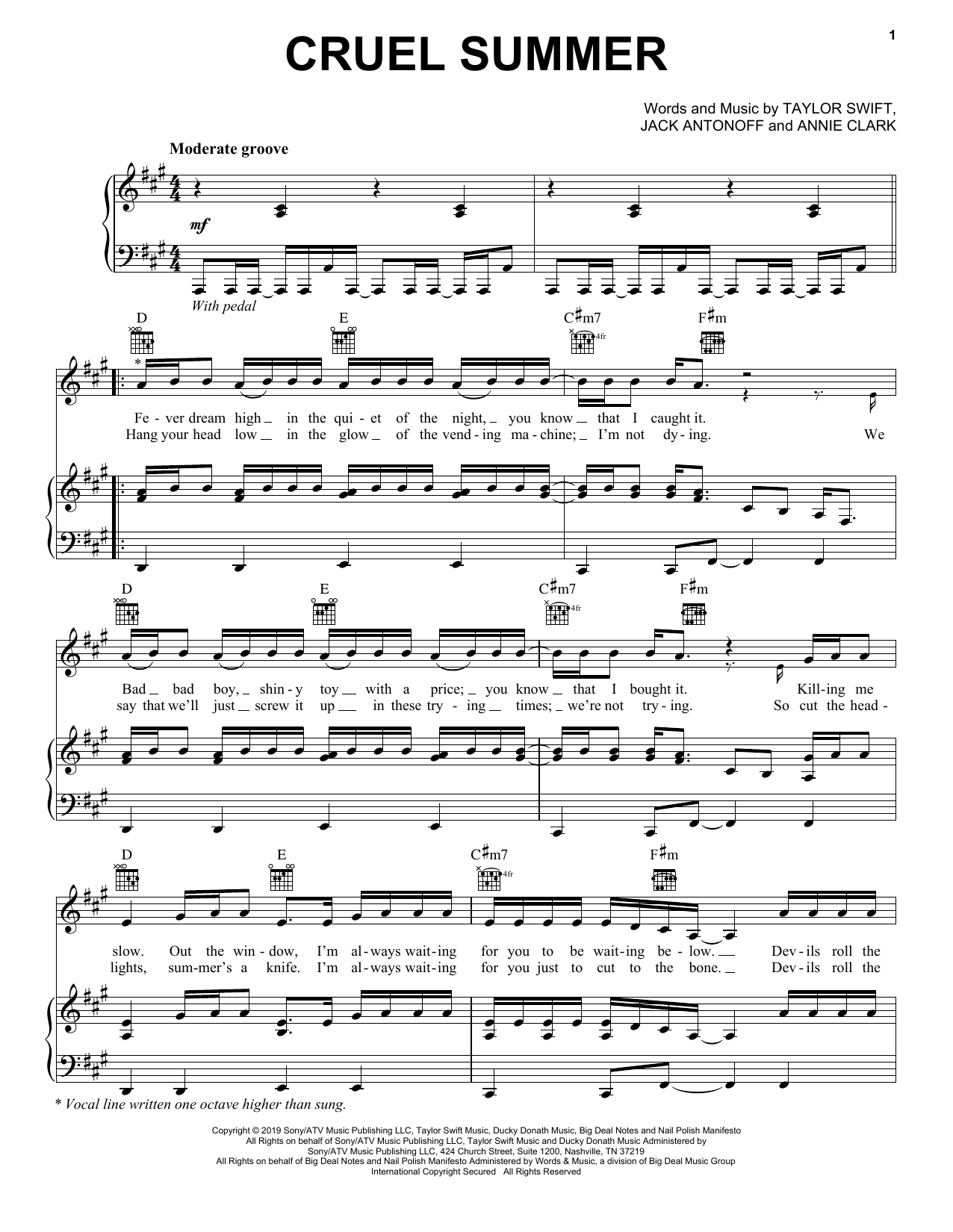 Taylor Swift Cruel Summer sheet music notes and chords arranged for Easy Piano