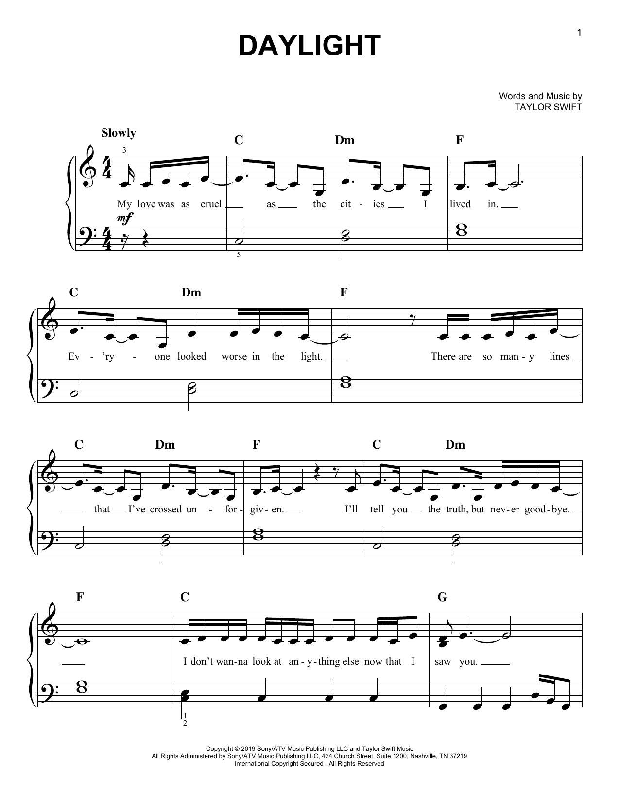 Taylor Swift Daylight sheet music notes and chords arranged for Easy Piano