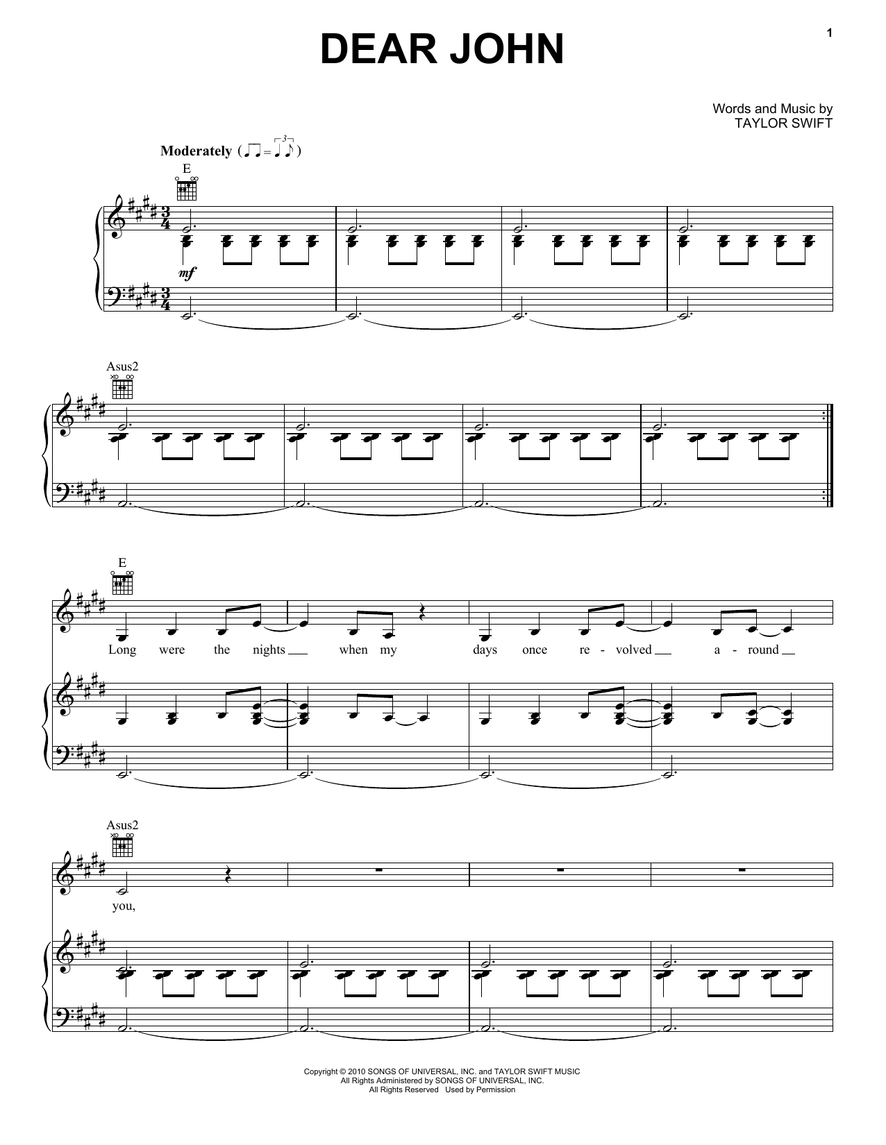 Taylor Swift Dear John sheet music notes and chords arranged for Guitar Tab