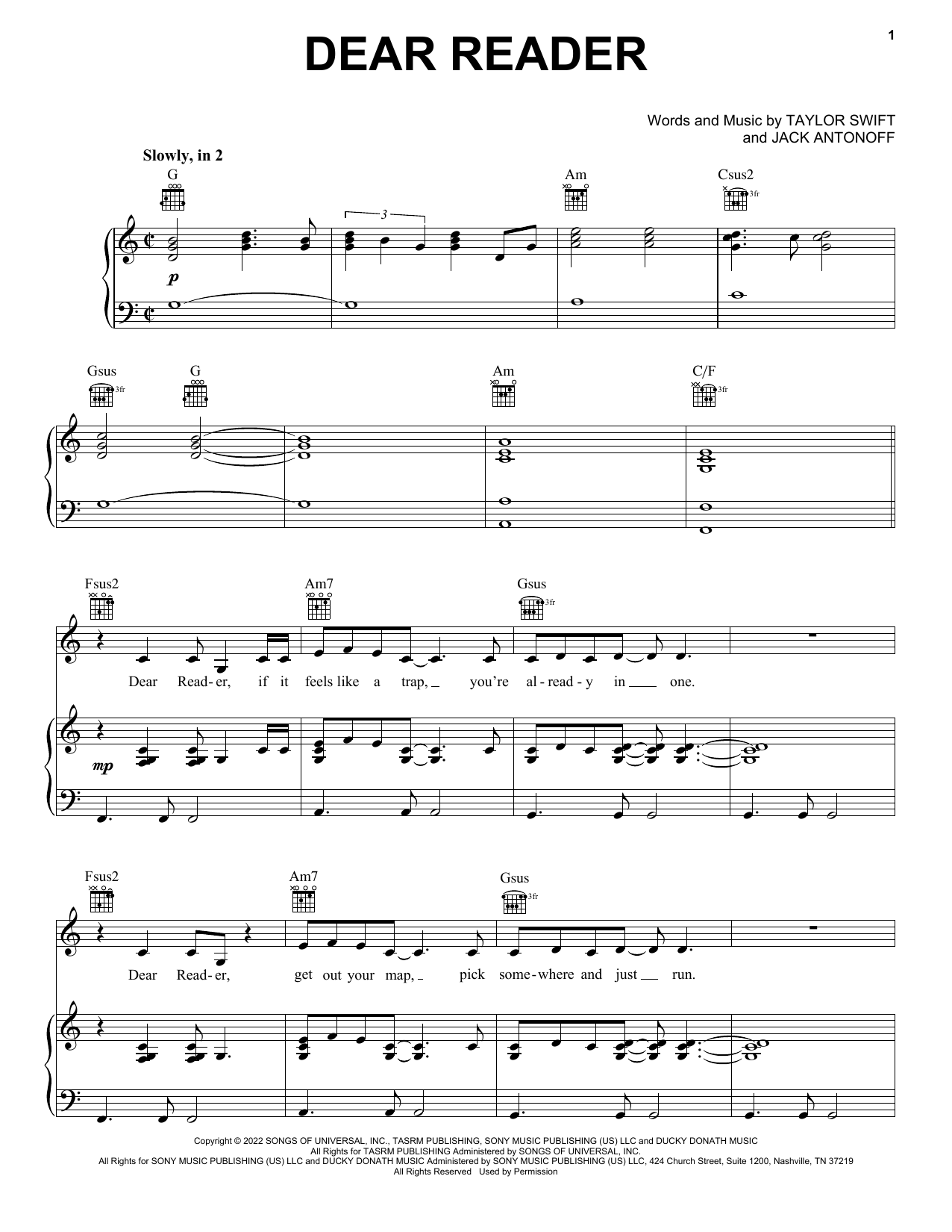 Taylor Swift Dear Reader sheet music notes and chords arranged for Piano, Vocal & Guitar Chords (Right-Hand Melody)