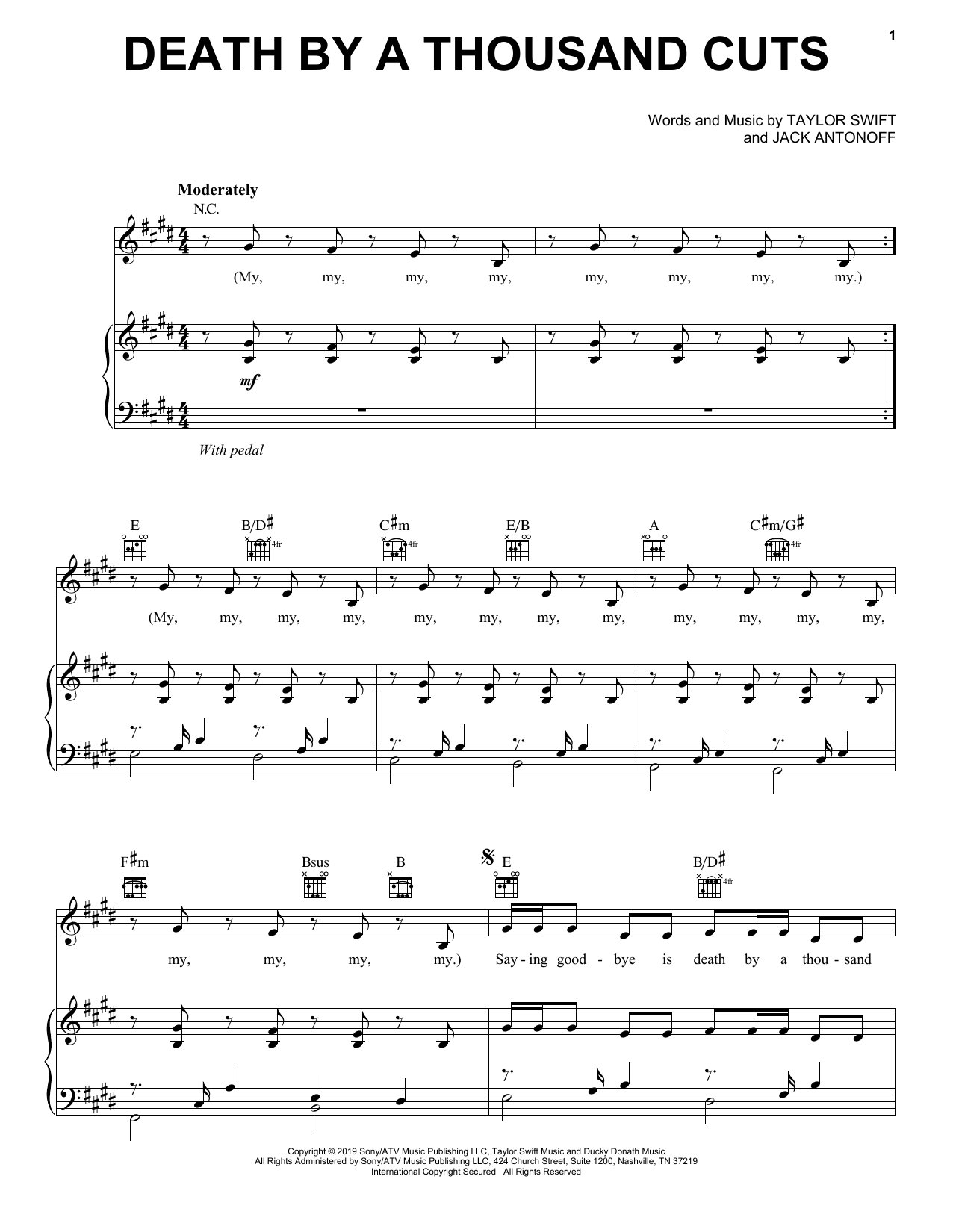 Taylor Swift Death By A Thousand Cuts sheet music notes and chords arranged for Easy Piano