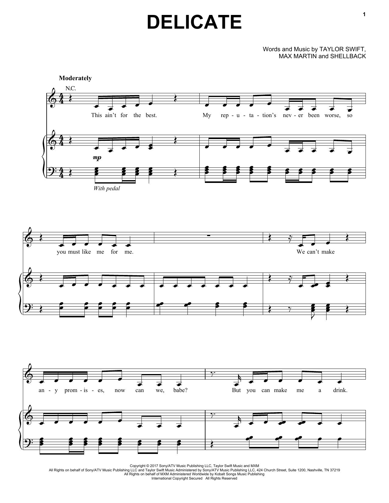 Taylor Swift Delicate sheet music notes and chords arranged for Piano, Vocal & Guitar Chords (Right-Hand Melody)