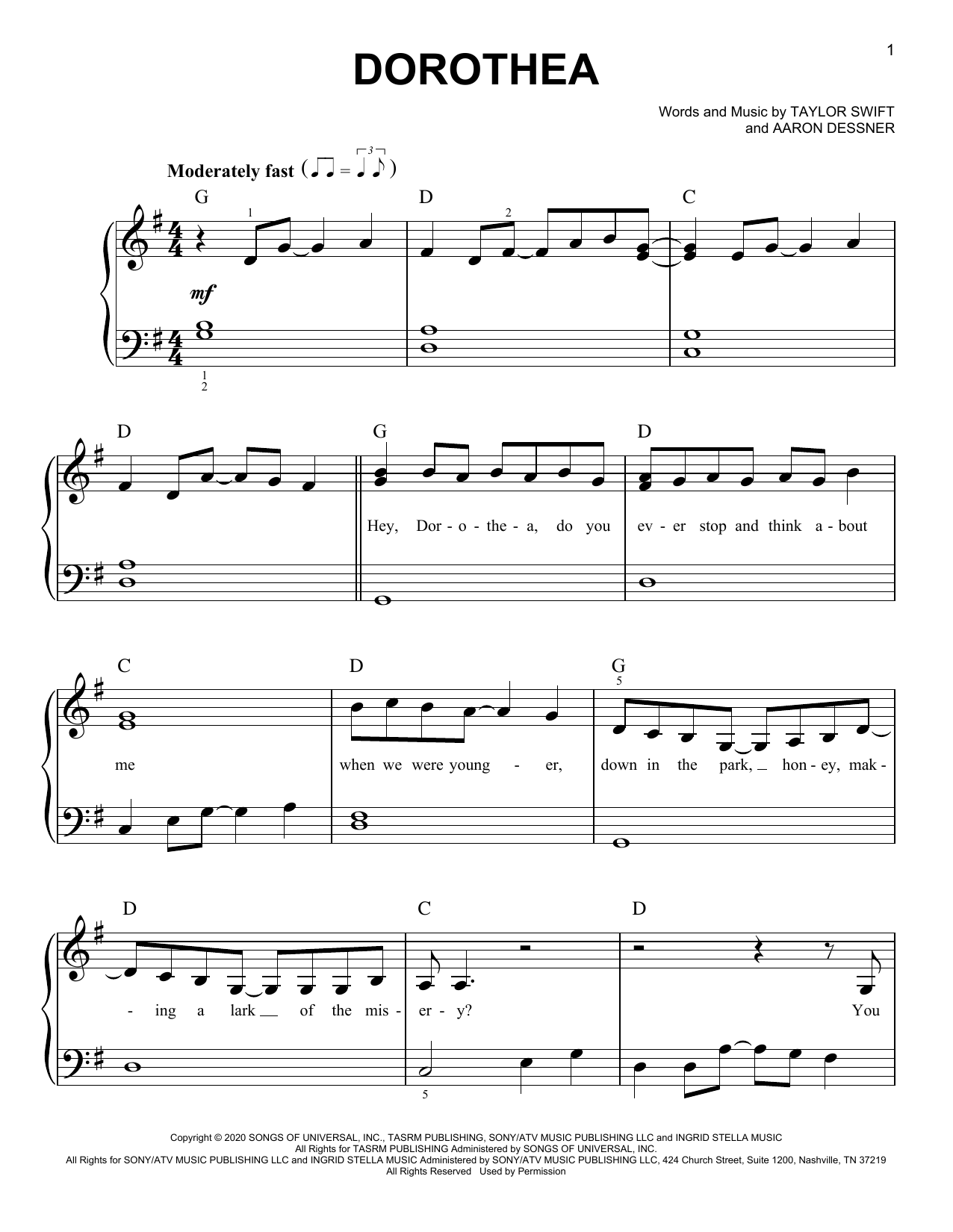 Taylor Swift dorothea sheet music notes and chords arranged for Easy Piano