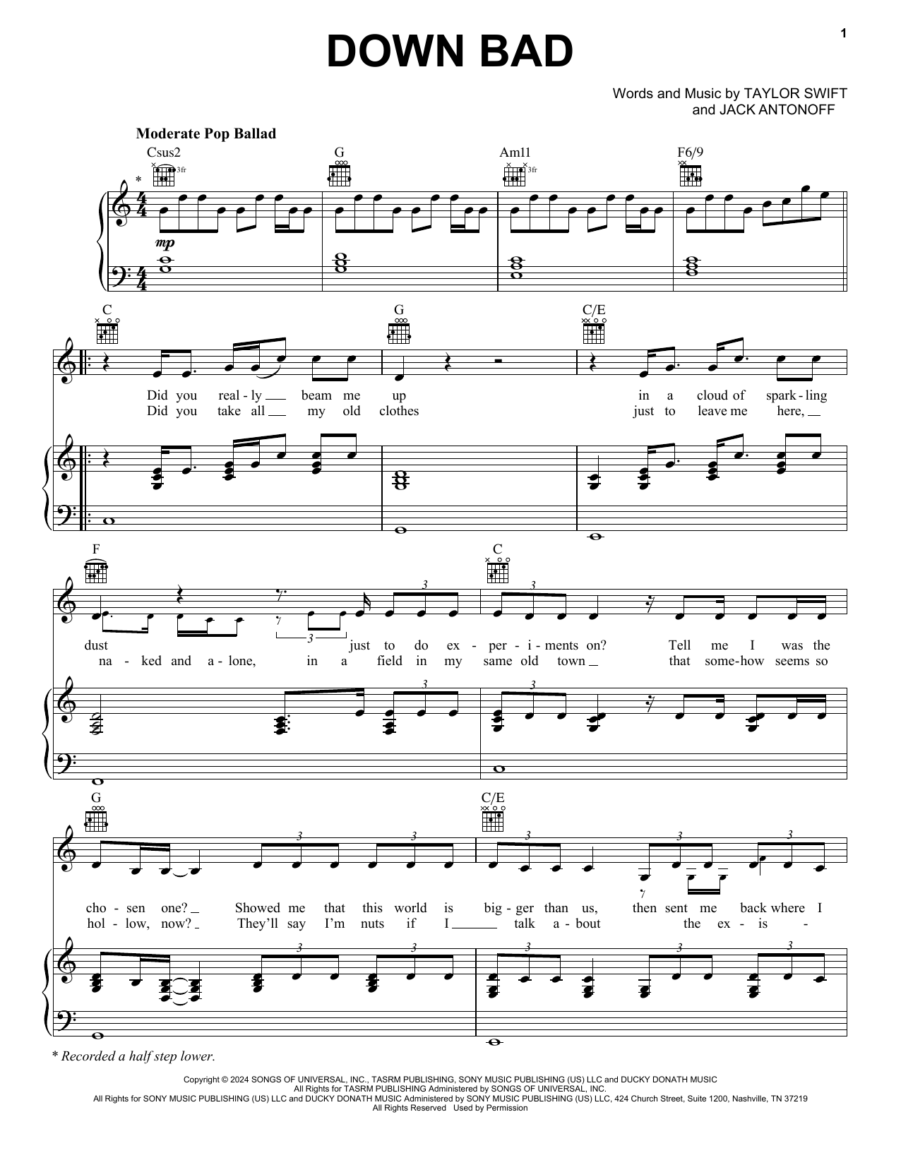 Taylor Swift Down Bad sheet music notes and chords arranged for Guitar Chords/Lyrics