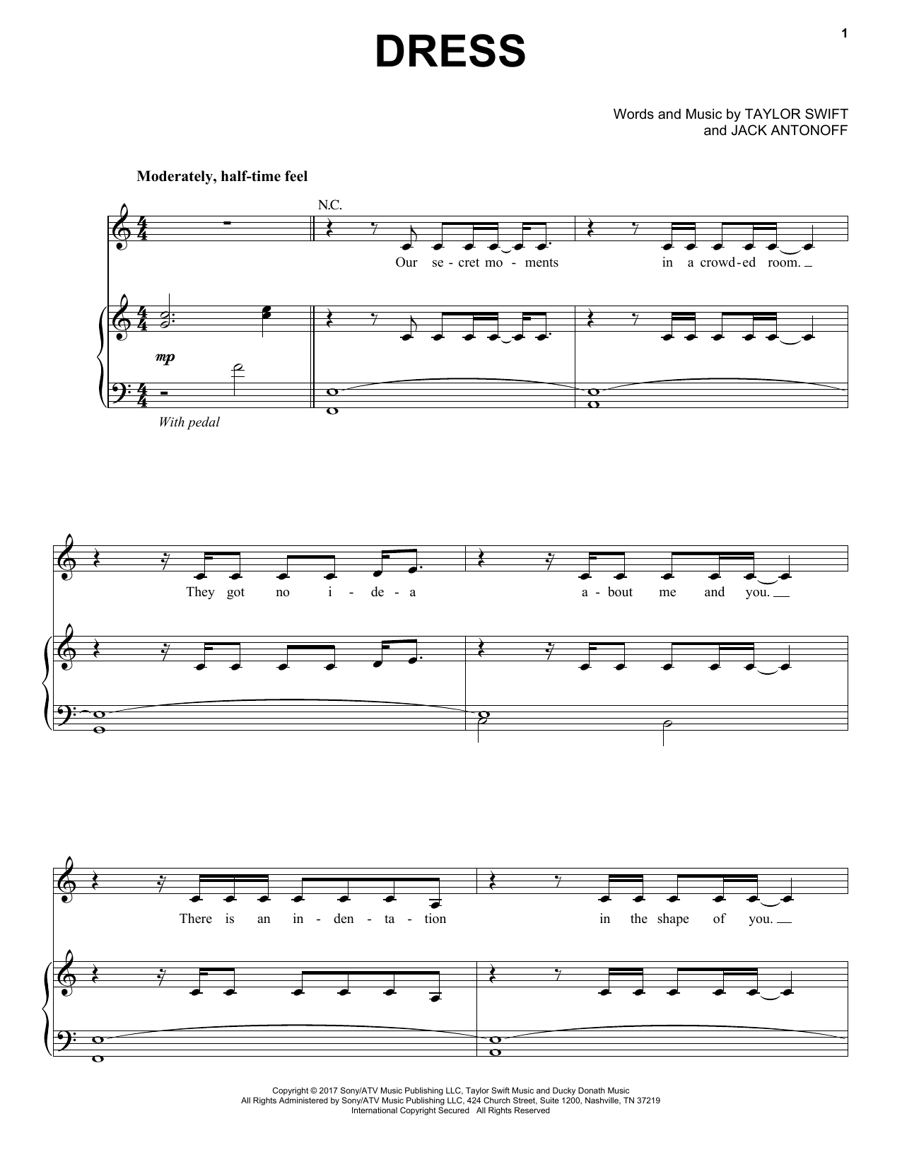 Taylor Swift Dress sheet music notes and chords arranged for Piano, Vocal & Guitar Chords (Right-Hand Melody)