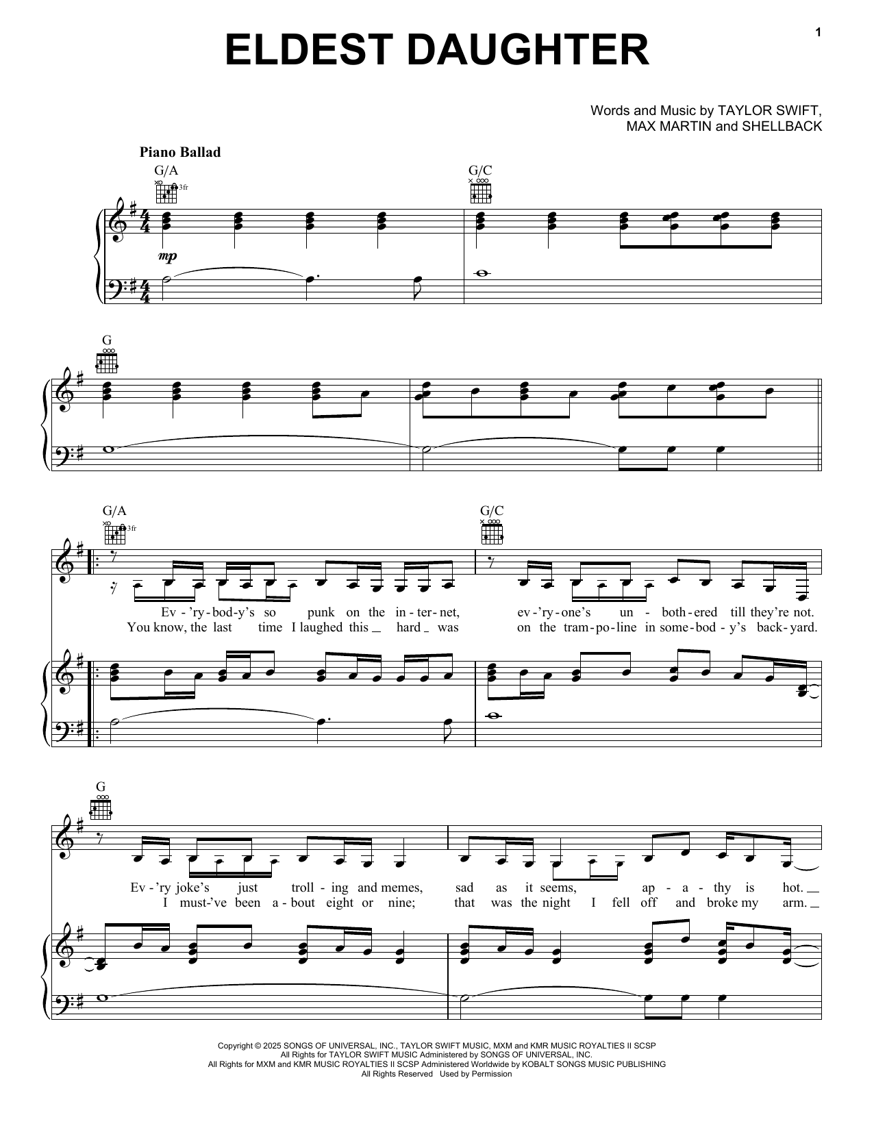 Taylor Swift Eldest Daughter sheet music notes and chords arranged for Piano, Vocal & Guitar Chords (Right-Hand Melody)