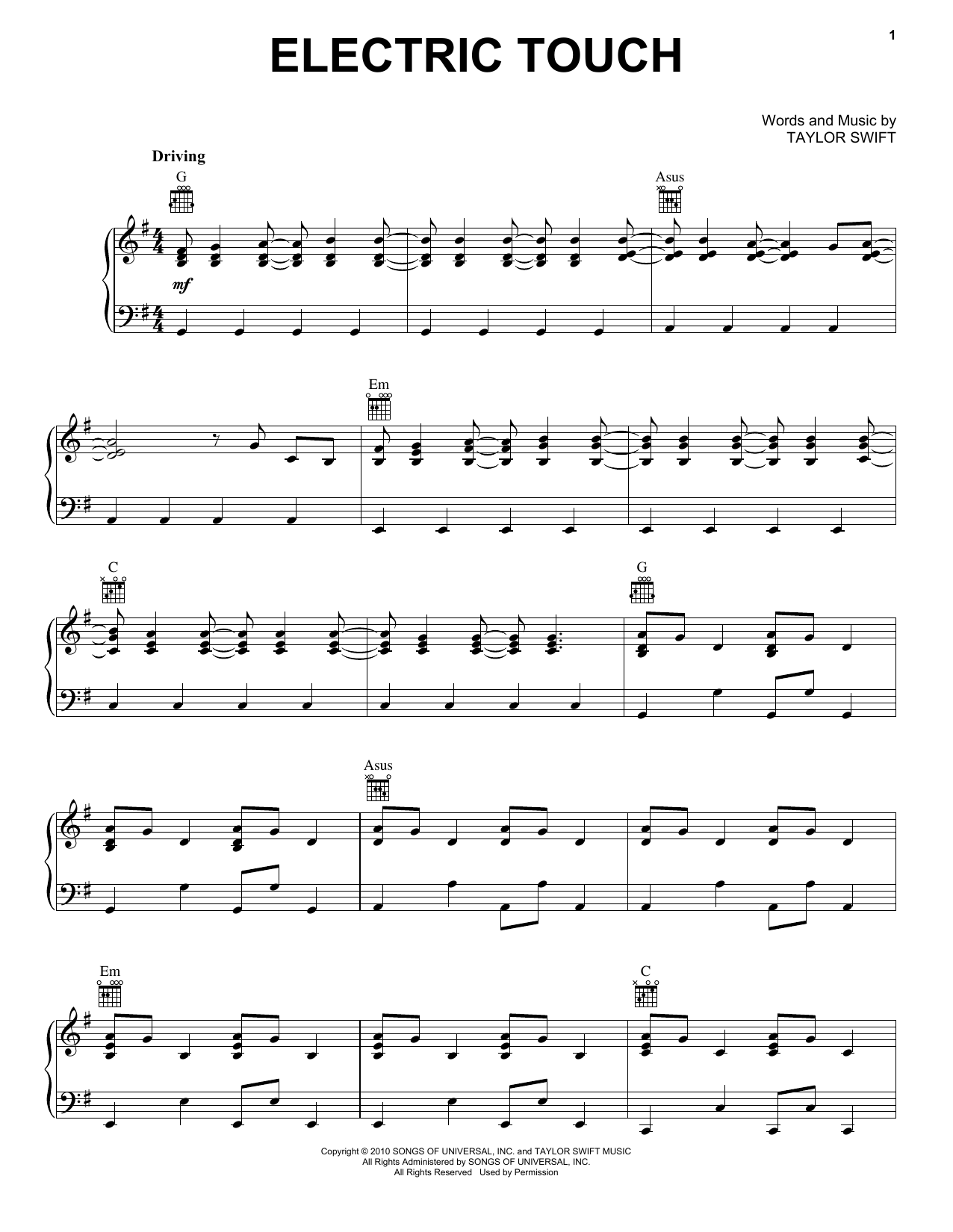 Taylor Swift Electric Touch (feat. Fall out Boy) (Taylor's Version) (From The Vault) sheet music notes and chords arranged for Piano, Vocal & Guitar Chords (Right-Hand Melody)