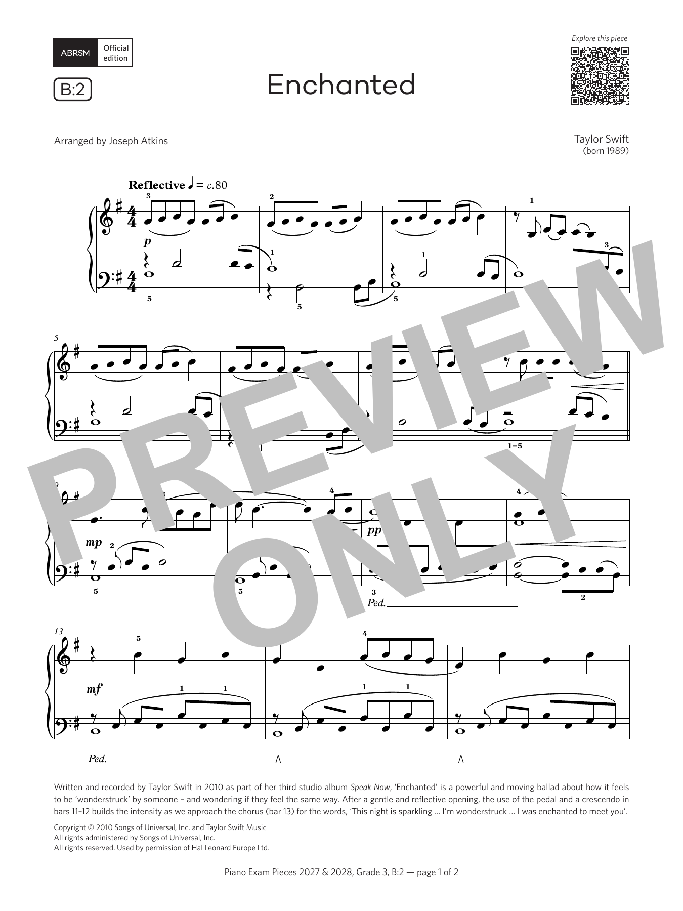 Taylor Swift Enchanted (Grade 3, list B2, from the ABRSM Piano Syllabus 2027 & 2028) sheet music notes and chords arranged for Piano Solo