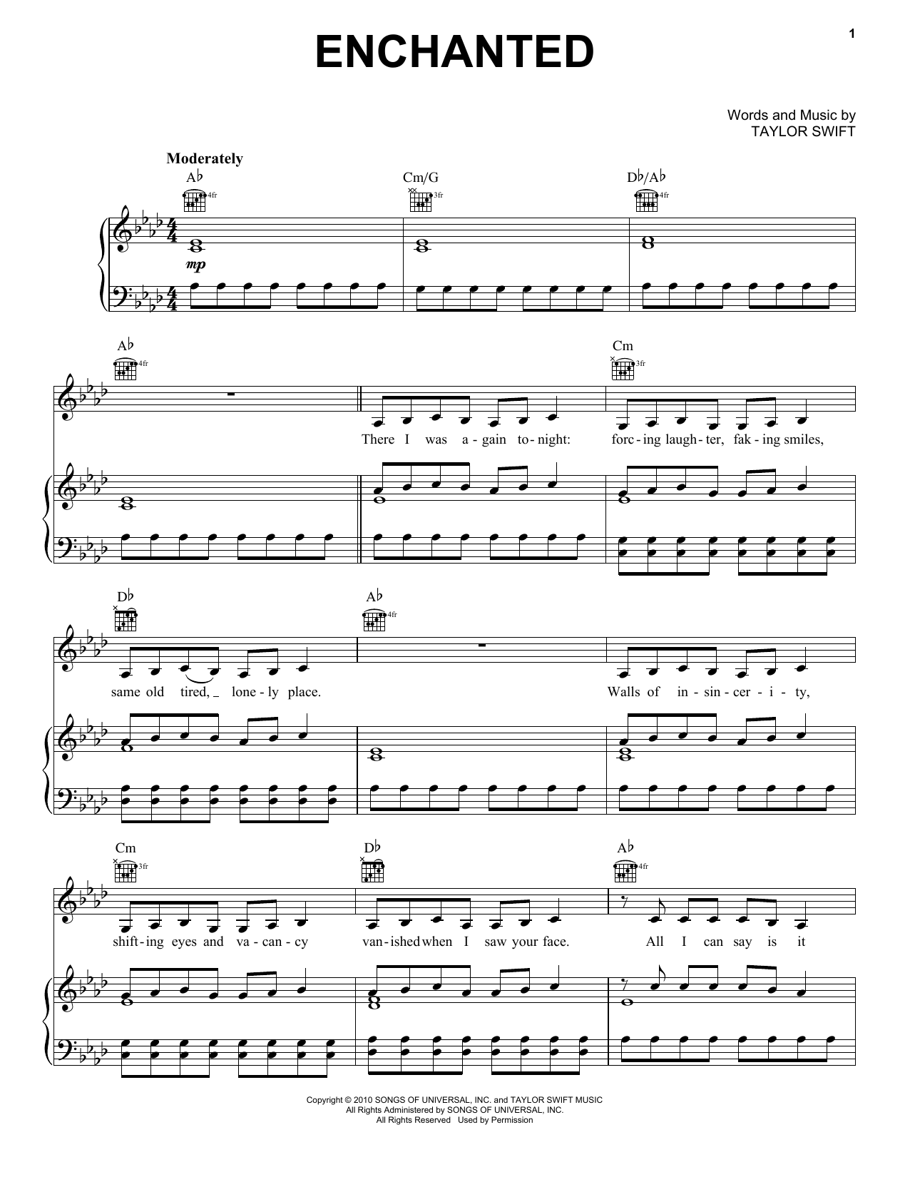 Taylor Swift Enchanted sheet music notes and chords arranged for Big Note Piano