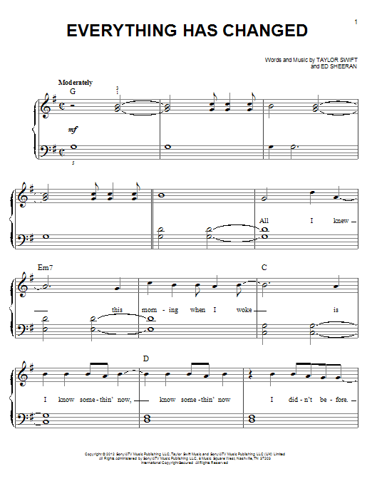 Taylor Swift Everything Has Changed (feat. Ed Sheeran) sheet music notes and chords arranged for Easy Guitar Tab