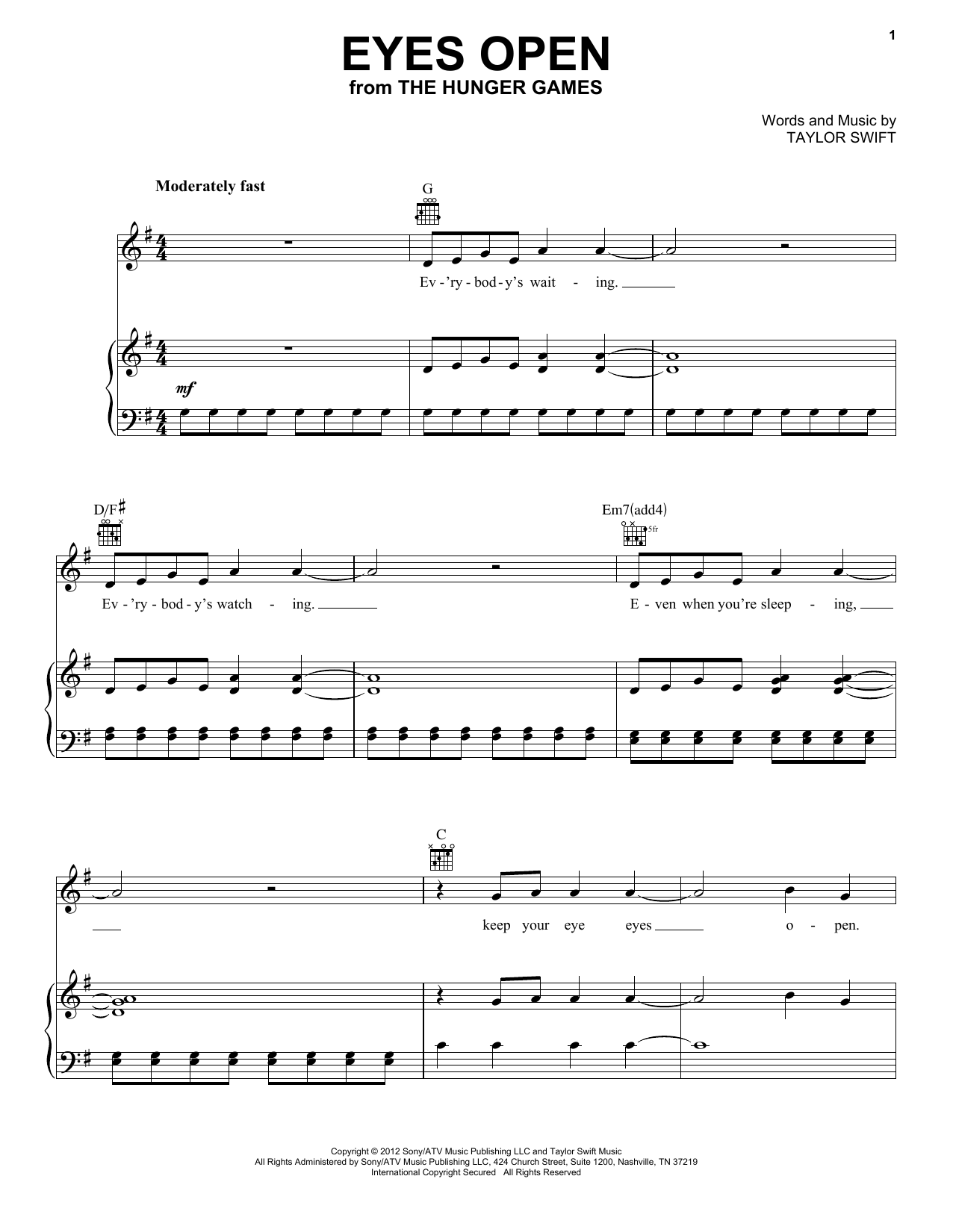 Taylor Swift Eyes Open sheet music notes and chords arranged for Piano Chords/Lyrics