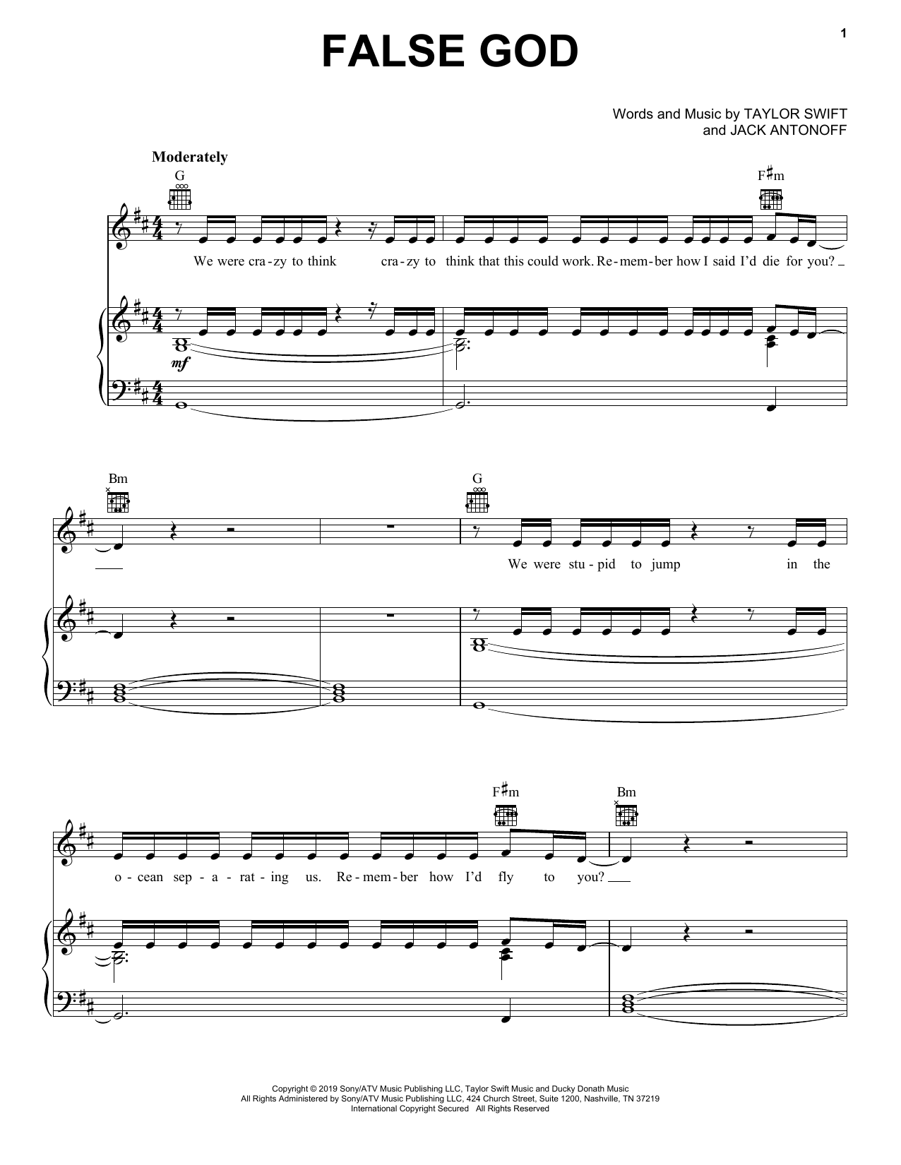 Taylor Swift False God sheet music notes and chords arranged for Easy Piano