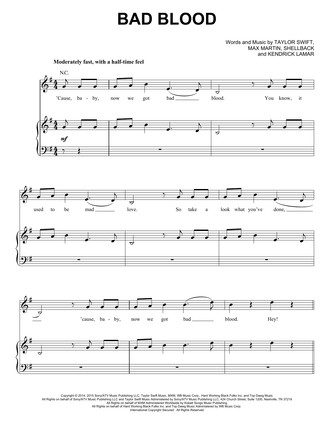 Taylor Swift (feat. Kendrick Lamar) Bad Blood sheet music notes and chords arranged for Piano, Vocal & Guitar Chords (Right-Hand Melody)