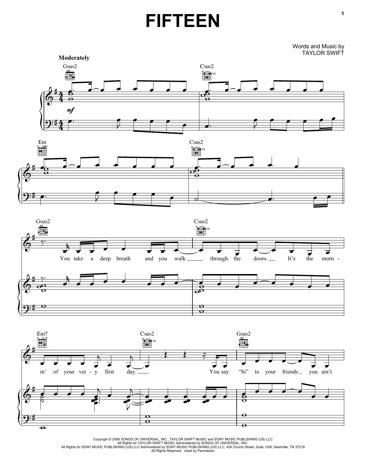 Taylor Swift Fifteen sheet music notes and chords arranged for Easy Guitar