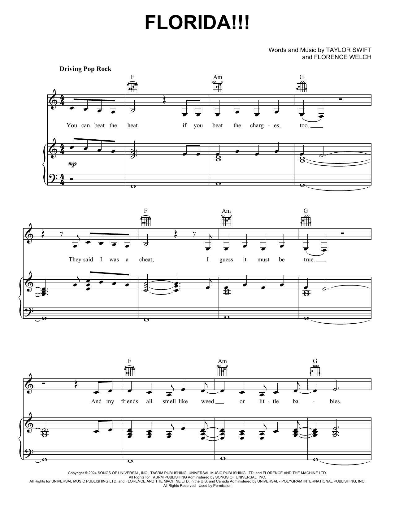Taylor Swift Florida!!! (feat. Florence + The Machine) sheet music notes and chords arranged for Easy Piano