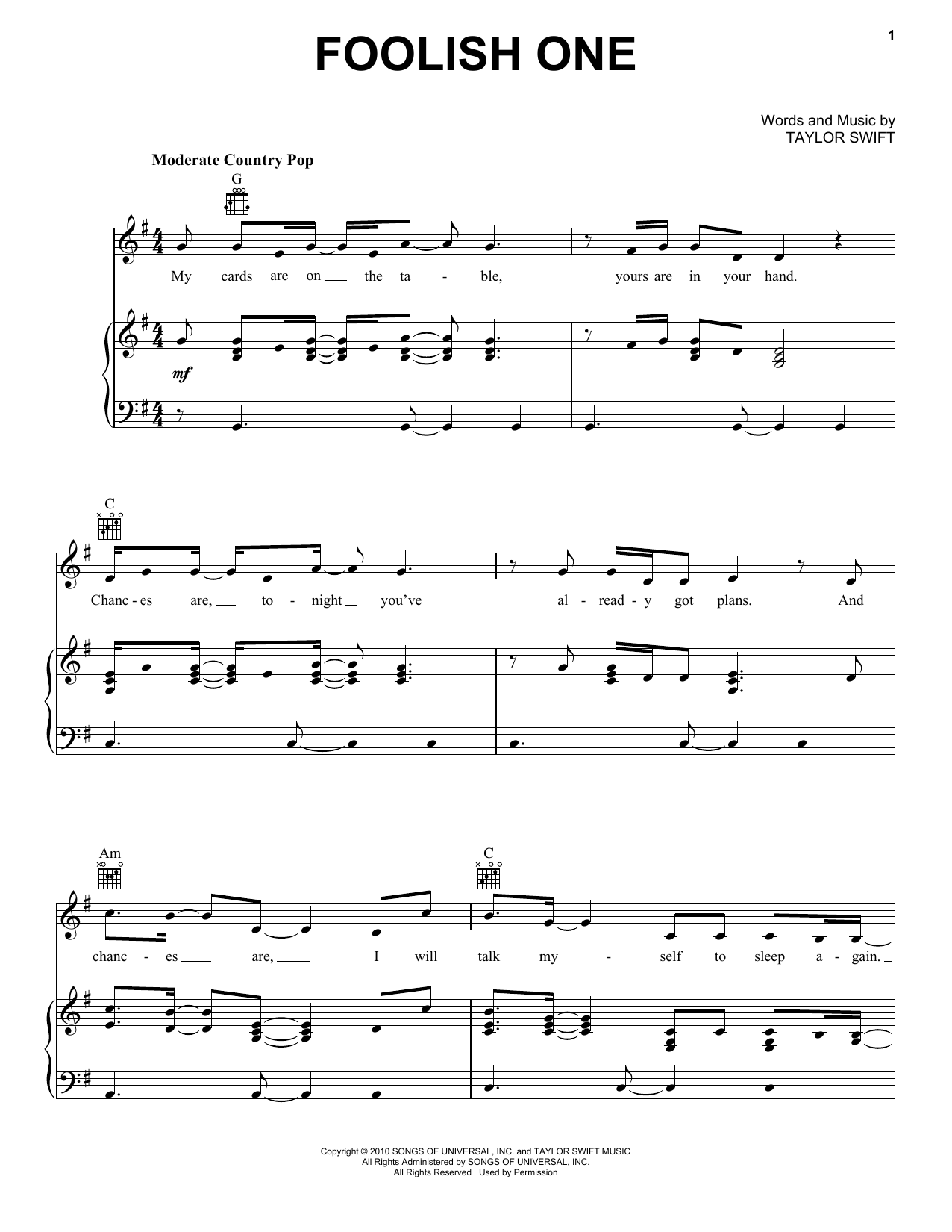 Taylor Swift Foolish One (Taylor's Version) (From The Vault) sheet music notes and chords arranged for Piano, Vocal & Guitar Chords (Right-Hand Melody)