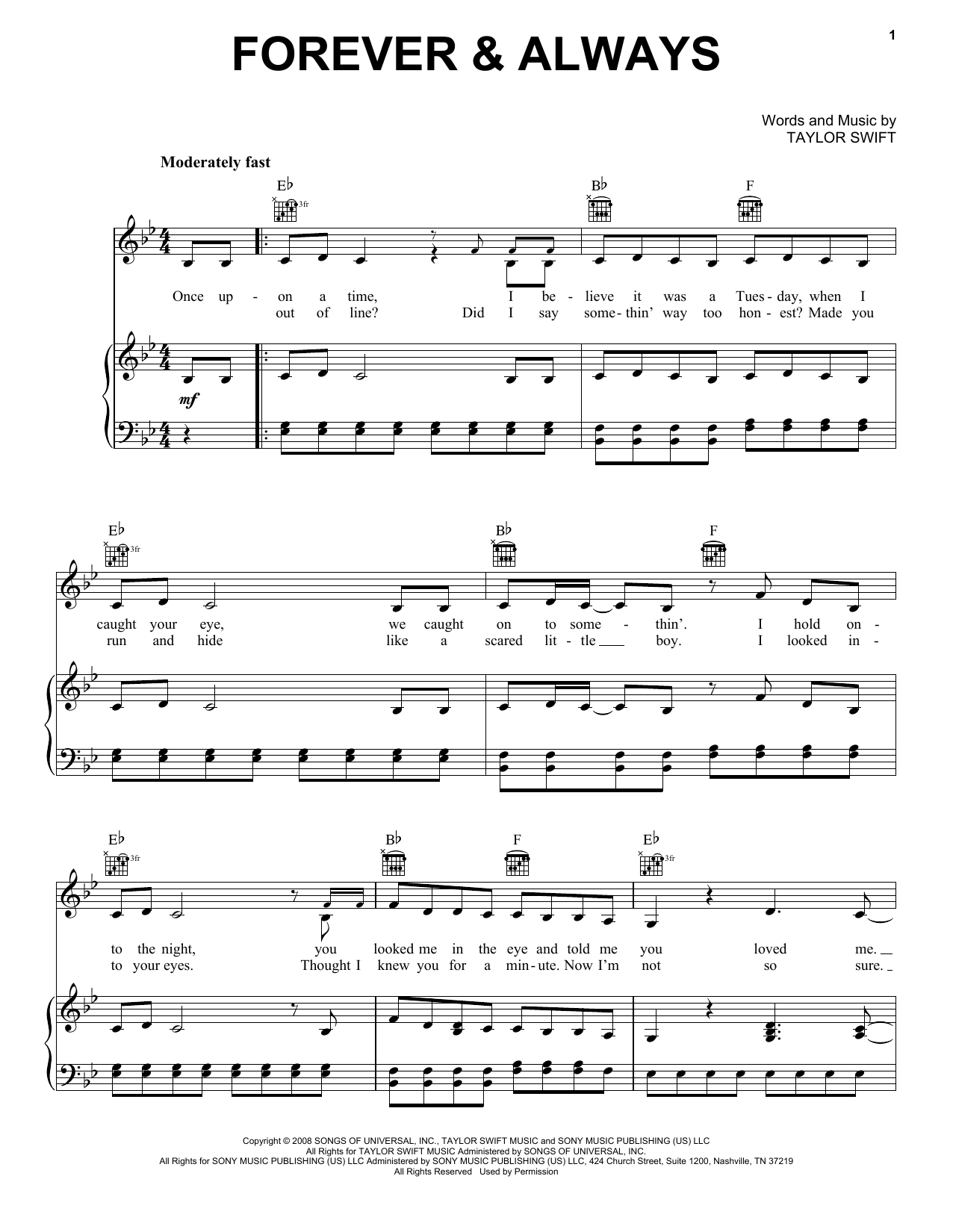 Taylor Swift Forever & Always sheet music notes and chords arranged for Easy Guitar Tab