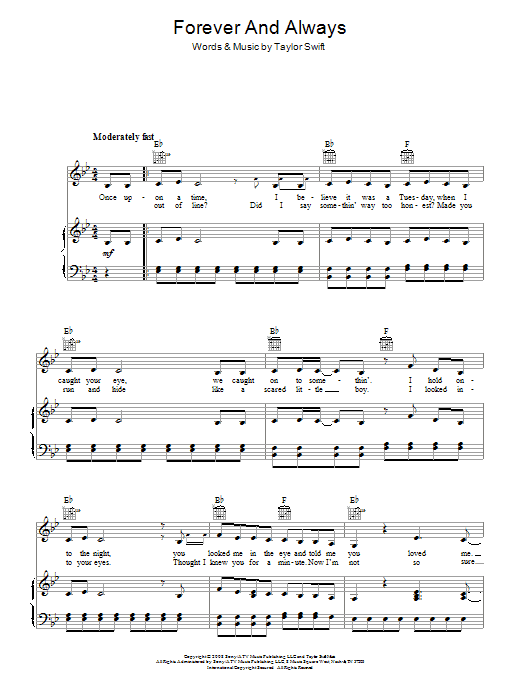 Taylor Swift Forever And Always sheet music notes and chords arranged for Piano, Vocal & Guitar Chords