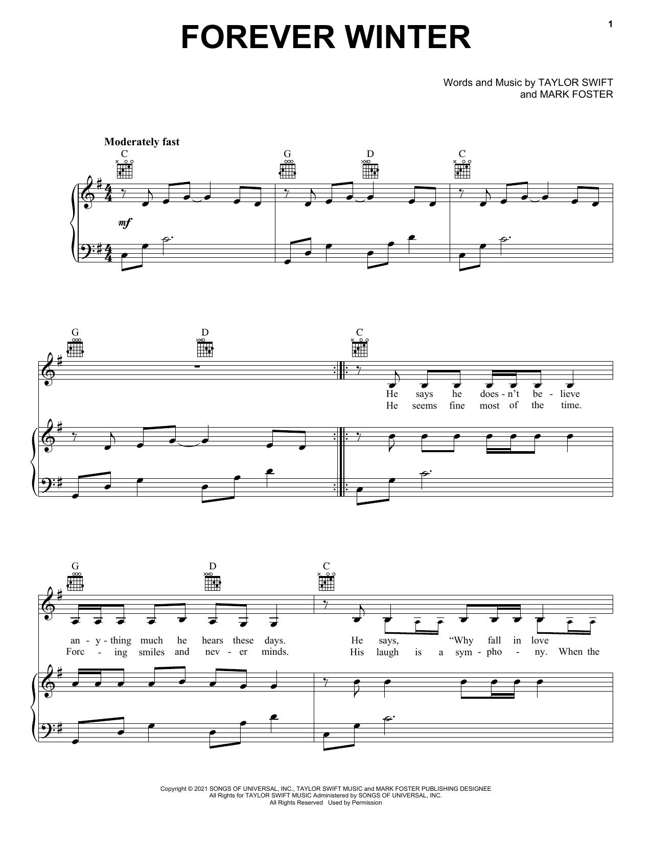 Taylor Swift Forever Winter (Taylor's Version) (From The Vault) sheet music notes and chords arranged for Piano, Vocal & Guitar Chords (Right-Hand Melody)