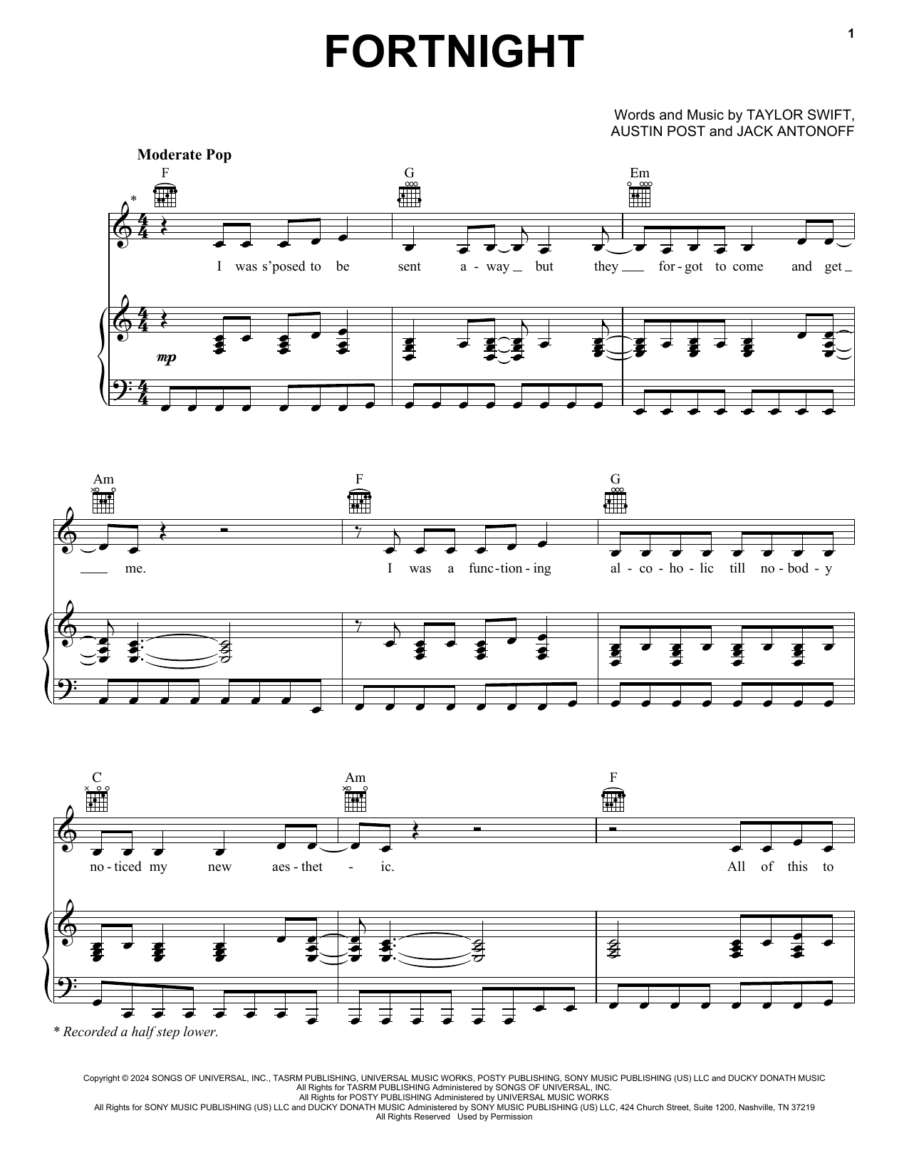 Taylor Swift Fortnight (feat. Post Malone) sheet music notes and chords arranged for Easy Piano