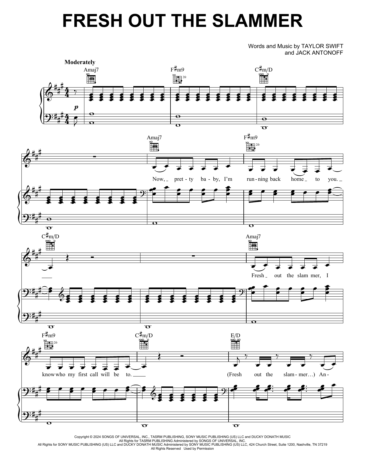Taylor Swift Fresh Out The Slammer sheet music notes and chords arranged for Piano, Vocal & Guitar Chords (Right-Hand Melody)
