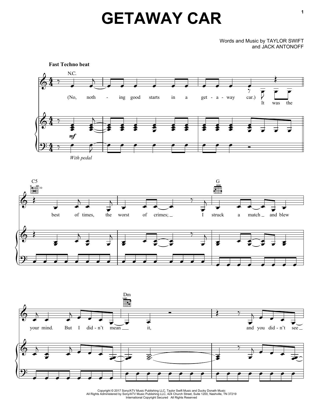 Taylor Swift Getaway Car sheet music notes and chords arranged for Easy Piano