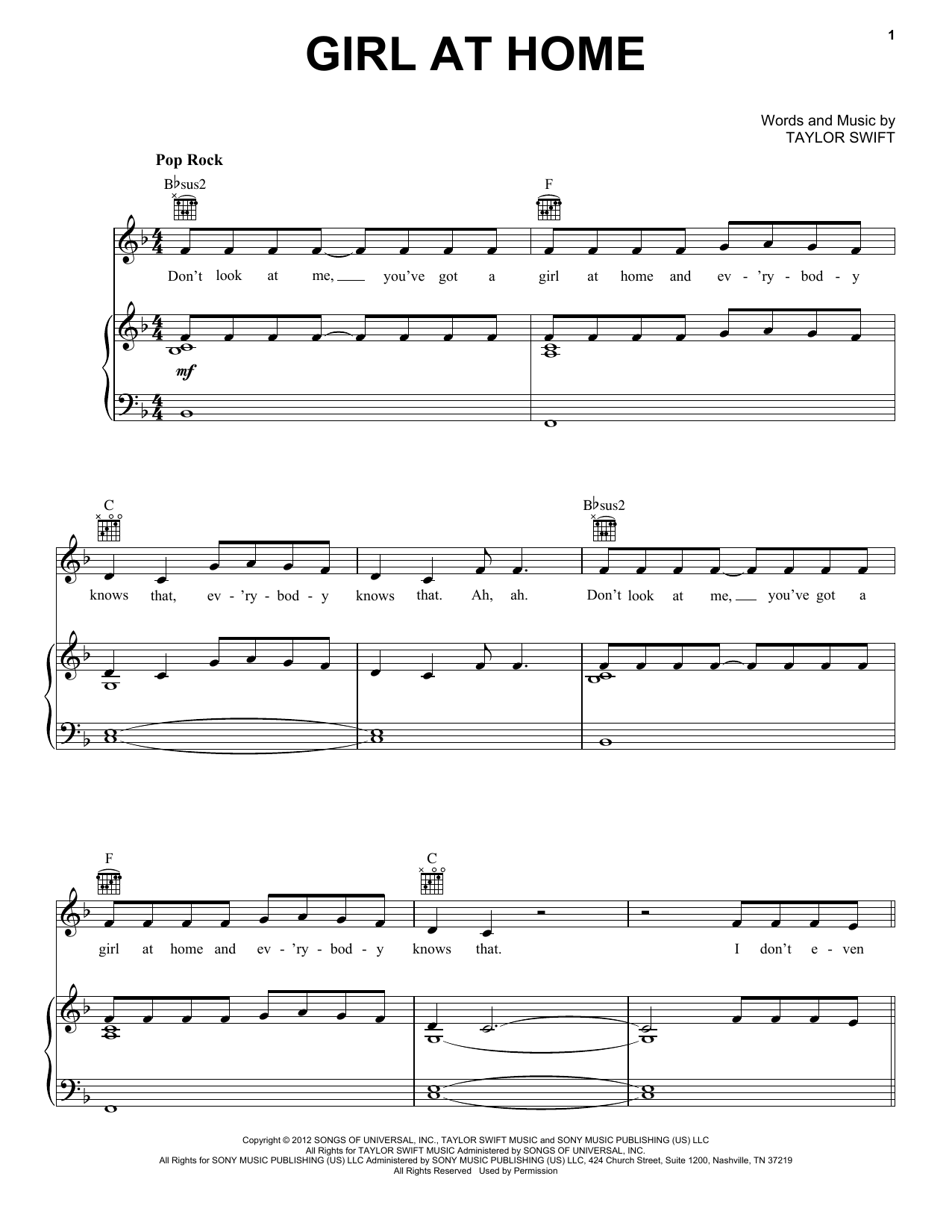 Taylor Swift Girl At Home (Taylor's Version) sheet music notes and chords arranged for Piano, Vocal & Guitar Chords (Right-Hand Melody)