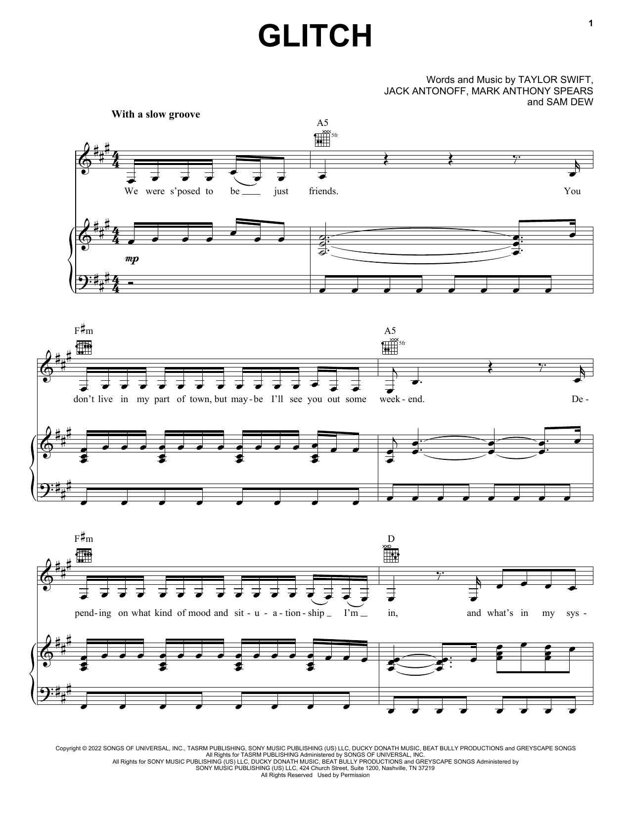Taylor Swift Glitch sheet music notes and chords arranged for Piano, Vocal & Guitar Chords (Right-Hand Melody)