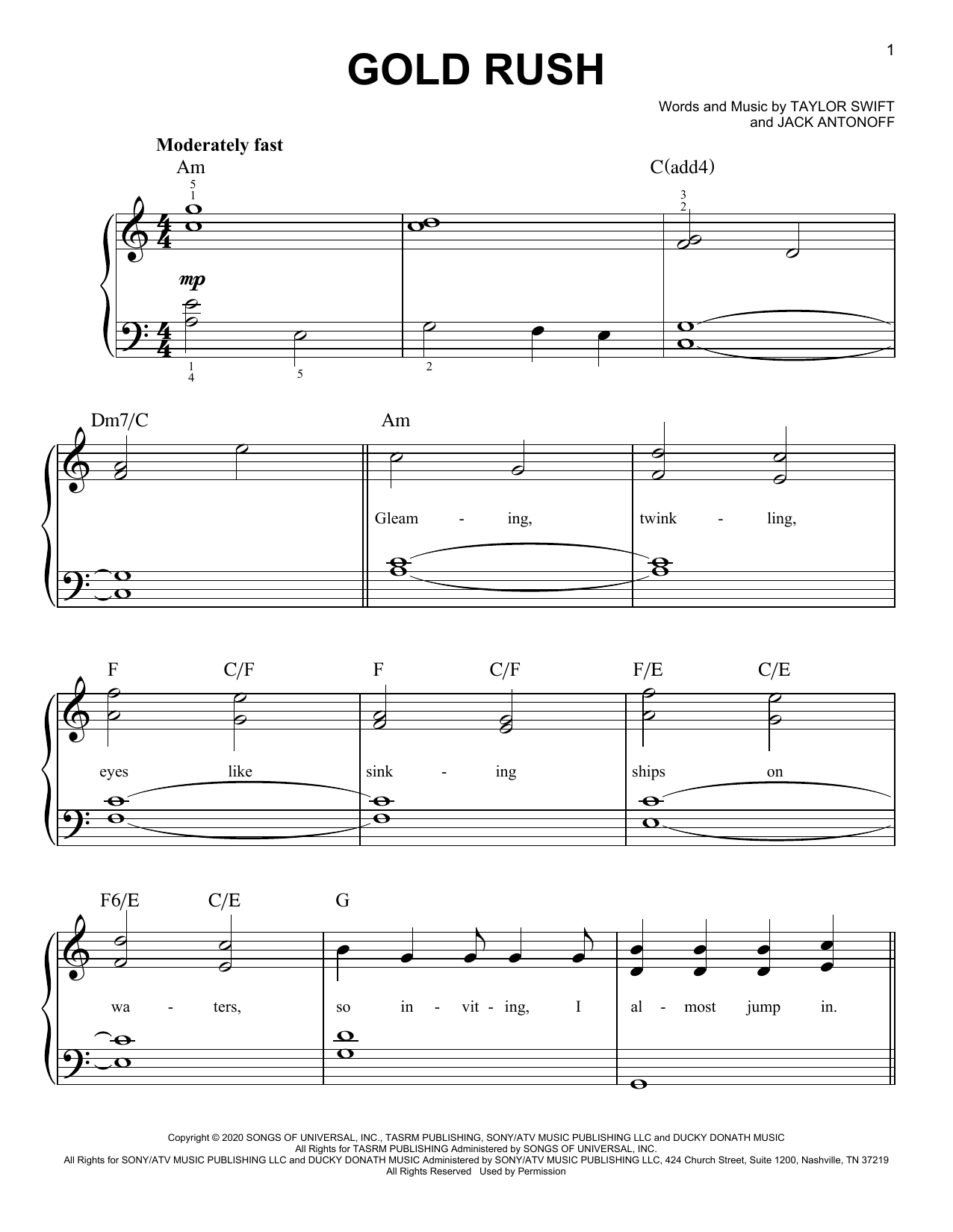 Taylor Swift gold rush sheet music notes and chords arranged for Easy Piano