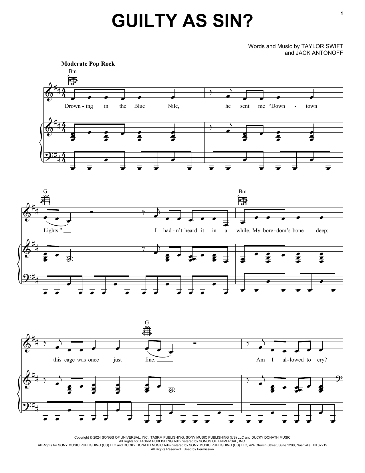 Taylor Swift Guilty as Sin? sheet music notes and chords arranged for Easy Piano