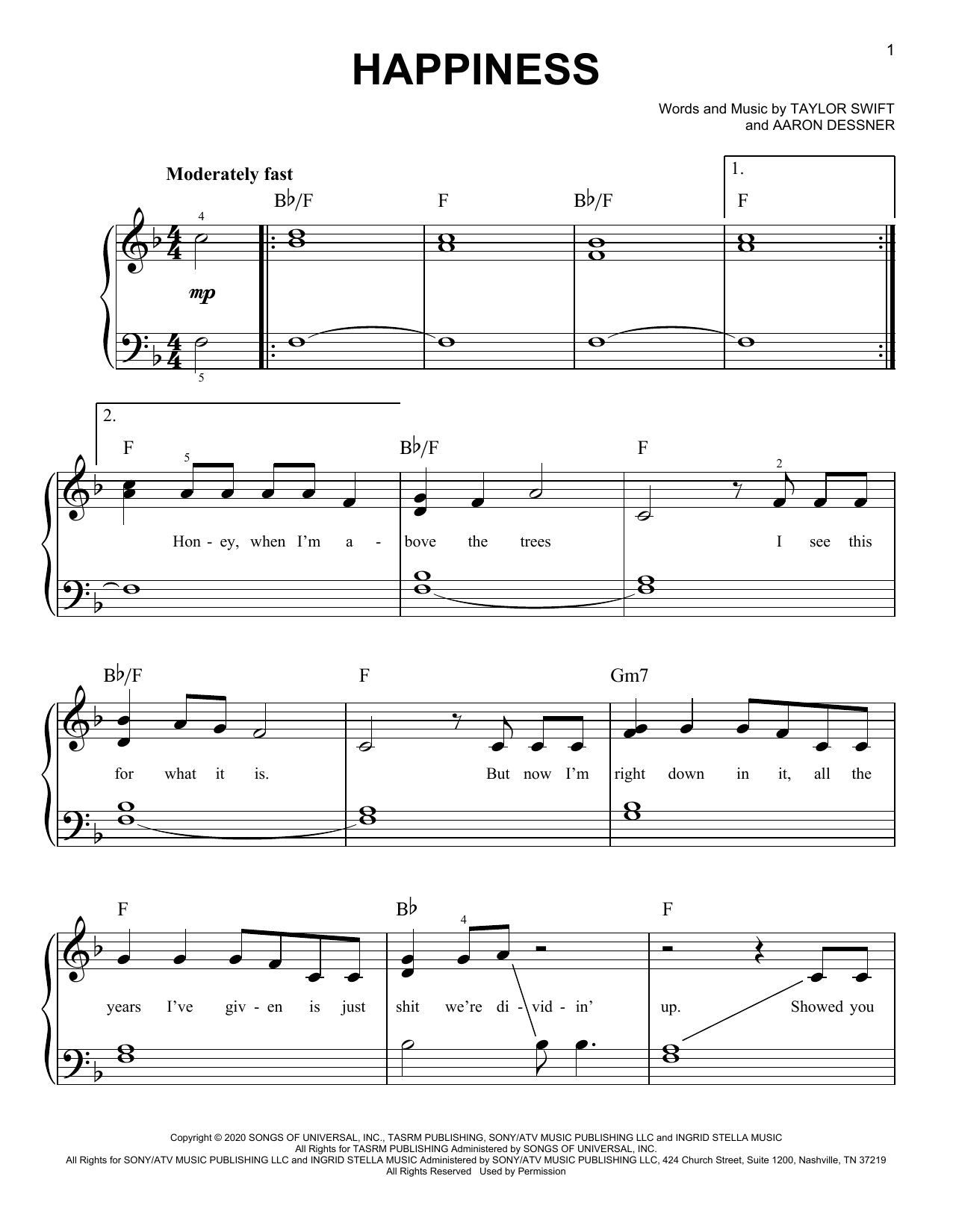 Taylor Swift happiness sheet music notes and chords arranged for Easy Piano