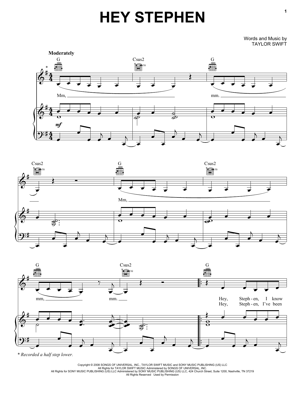 Taylor Swift Hey Stephen sheet music notes and chords arranged for Big Note Piano