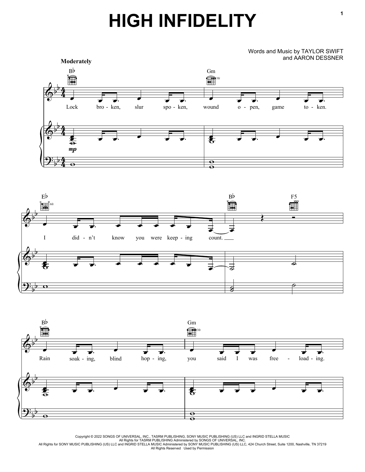 Taylor Swift High Infidelity sheet music notes and chords arranged for Piano, Vocal & Guitar Chords (Right-Hand Melody)