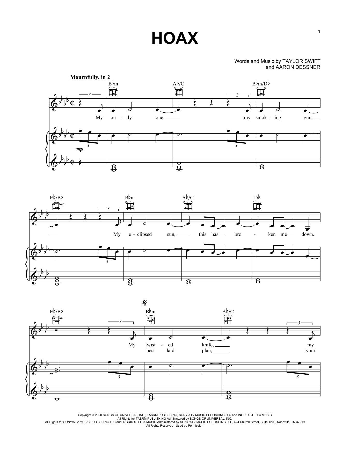 Taylor Swift hoax sheet music notes and chords arranged for Piano, Vocal & Guitar Chords (Right-Hand Melody)