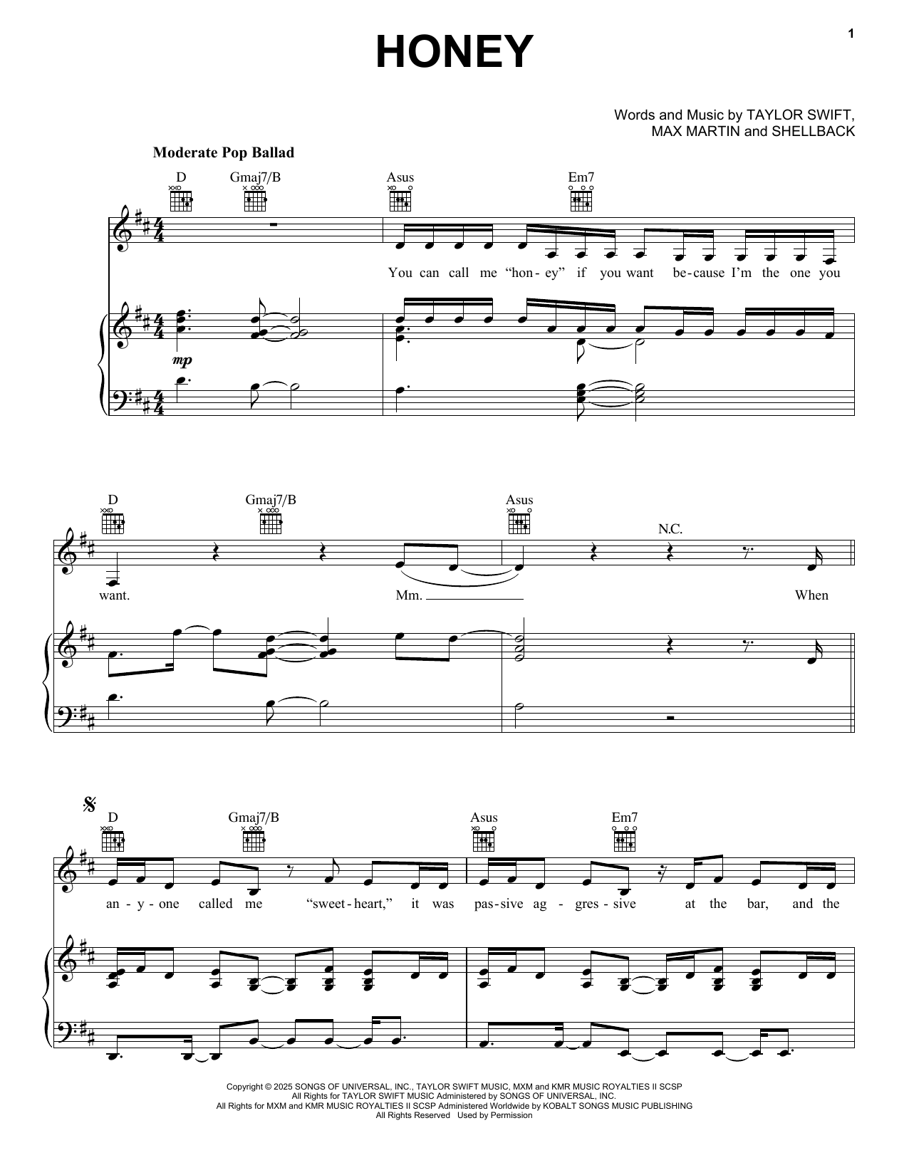 Taylor Swift Honey sheet music notes and chords arranged for Guitar Chords/Lyrics
