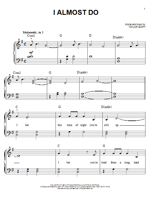 Taylor Swift I Almost Do sheet music notes and chords arranged for Big Note Piano