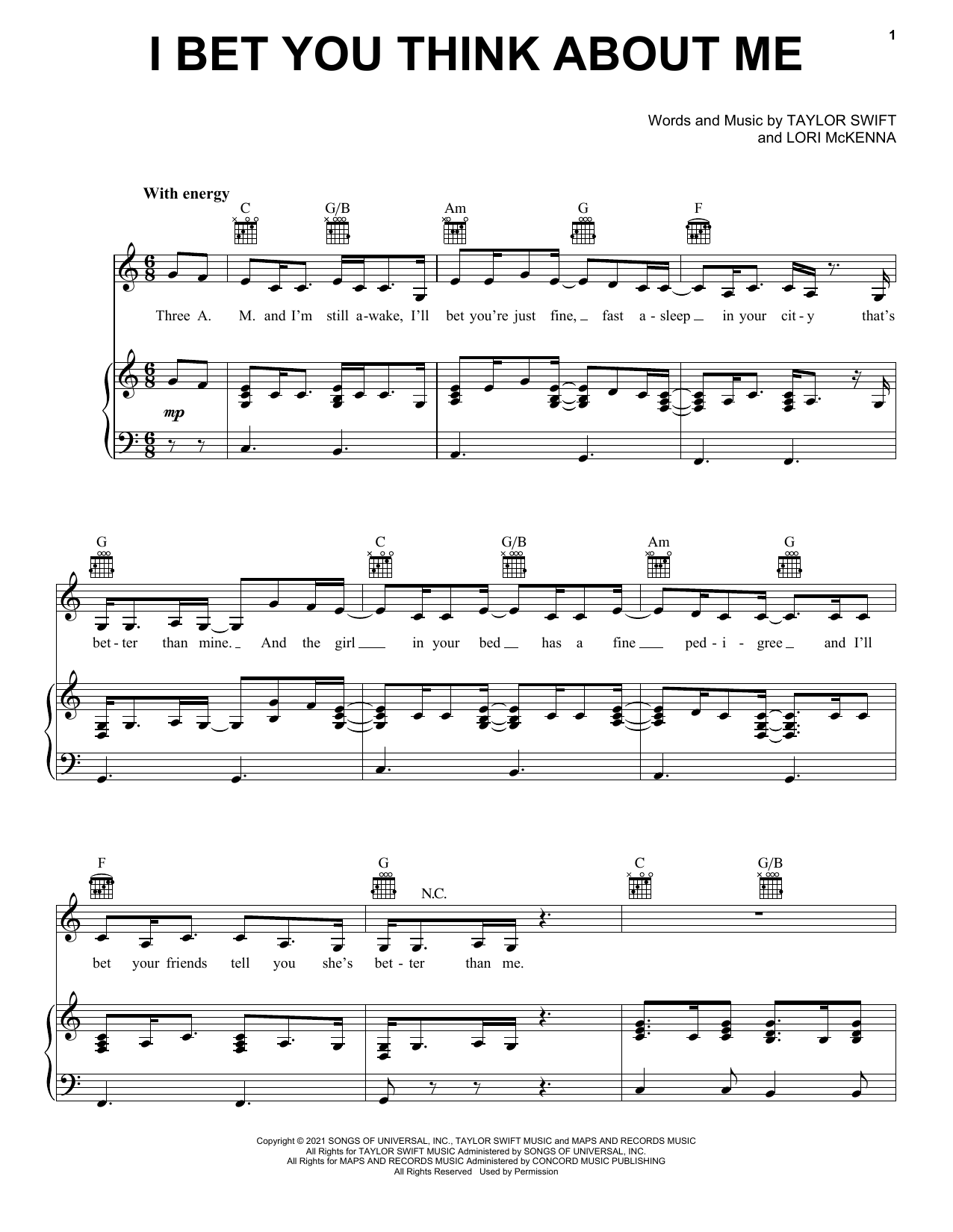 Taylor Swift I Bet You Think About Me (feat. Chris Stapleton) (Taylor's Version) (From The Vault) sheet music notes and chords arranged for Piano, Vocal & Guitar Chords (Right-Hand Melody)
